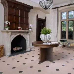 antiqued limestone cabochon floor