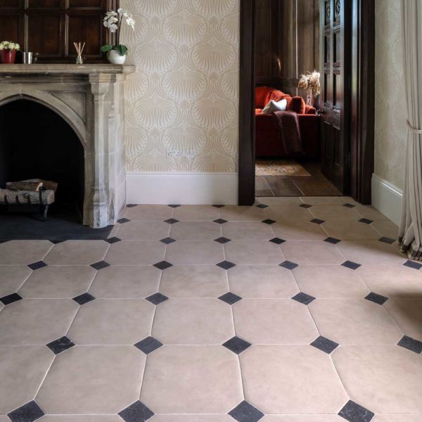 antiqued limestone cabochon floor