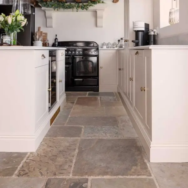 rustic kitchen with reclaimed yorkstone flooring