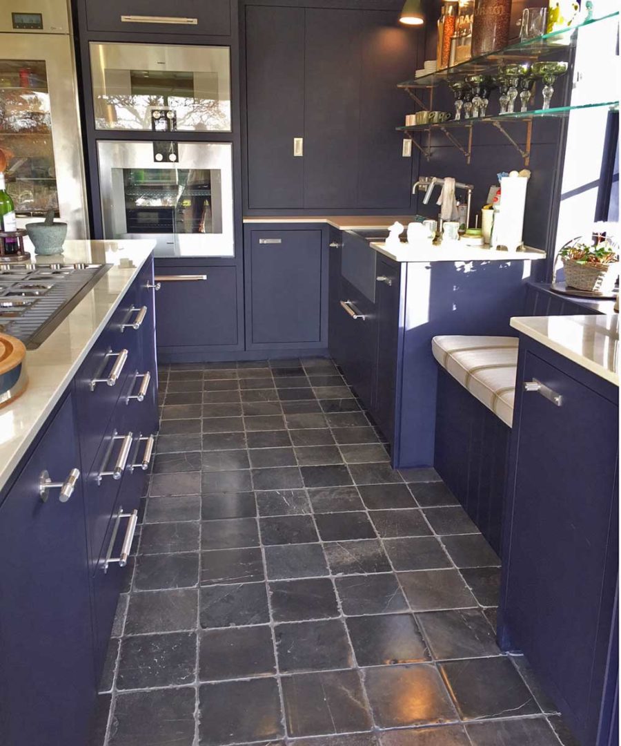 Case study Stone flooring perfect for a navy blue kitchen Natural