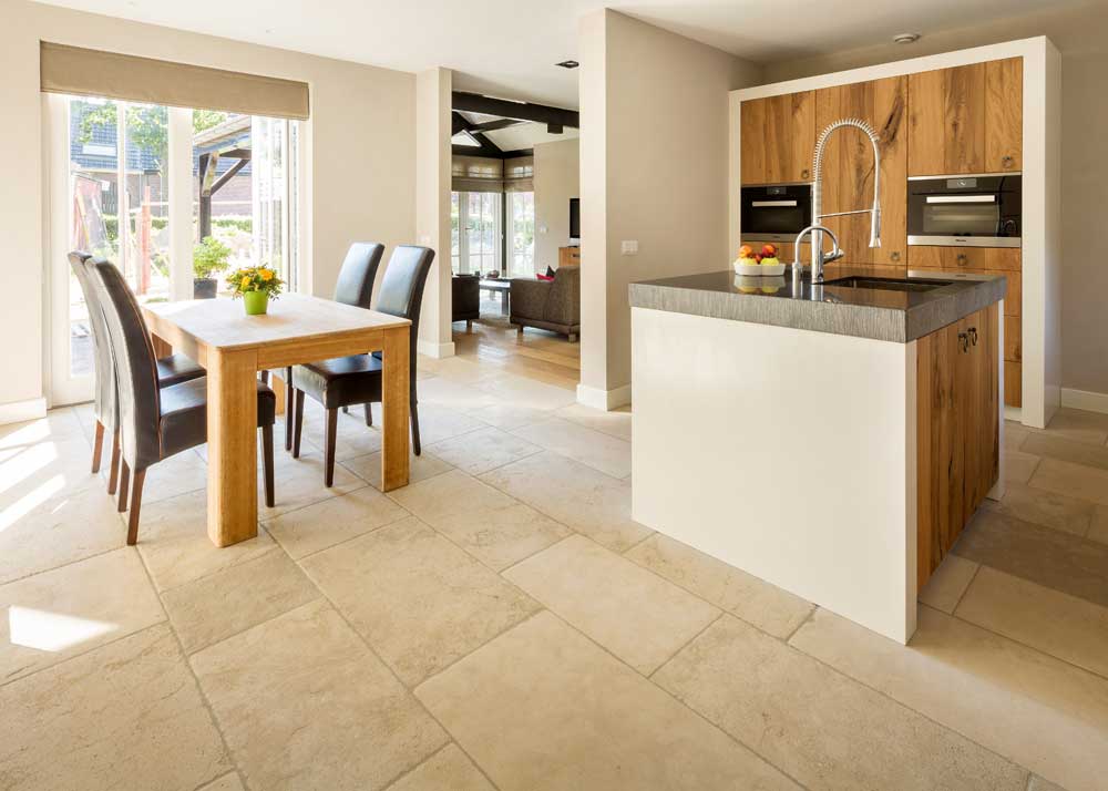 Underfloor heating with a stone floor kitchen