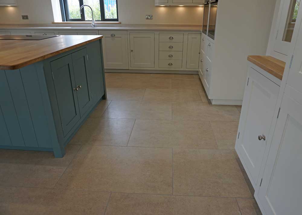 Beige porcelain tiles for kitchen flooring