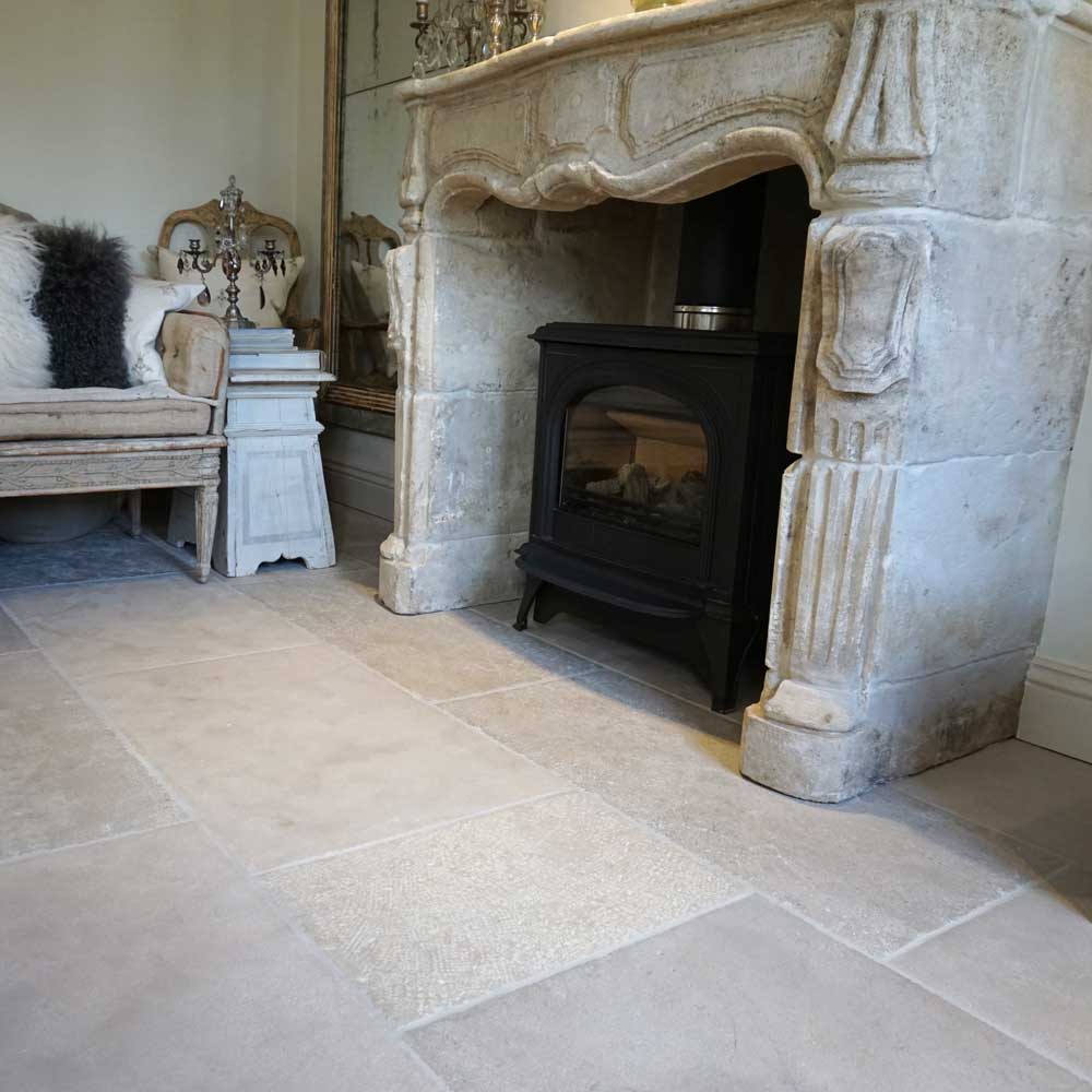 Paris casa limestone floor with fireplace