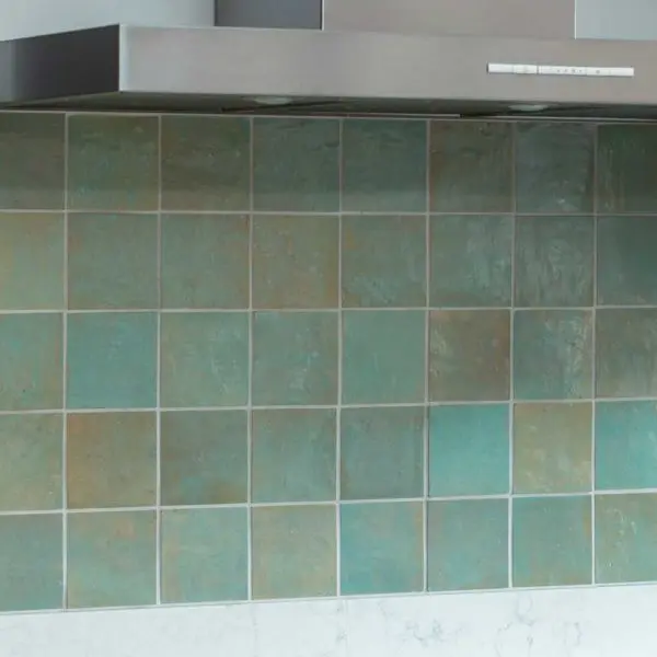 Mint green Zellige tiles splashback