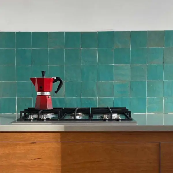 teal zellige tiles kitchen splashback