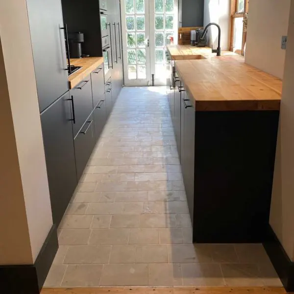 Chalon grey tumbled limestone pavers kitchen