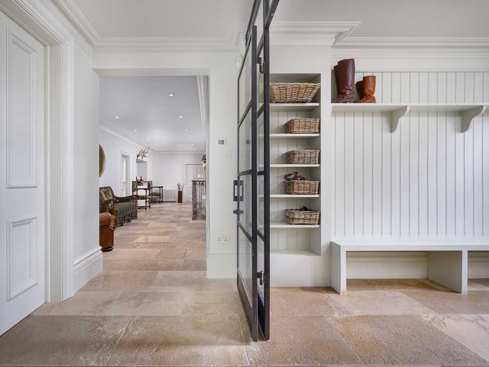 Antiqued french limestone hallway flooring