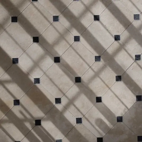 Antiqued French limestone white cabochon flooring