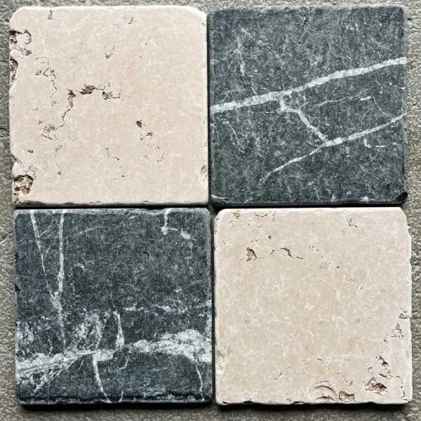 Rosa perlino and Nero Marquina tumbled marbles