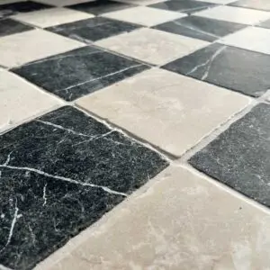 Black and cream tumbled marble checkered floor tiles checkerboard