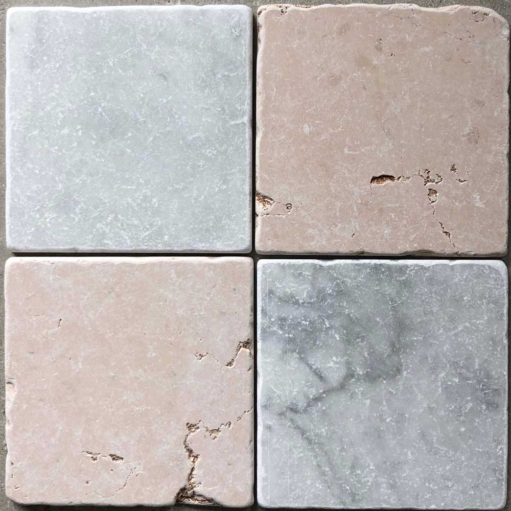 Rosa Perlino and Carrara tumbled marble checkered floor