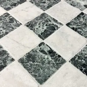Verdi and Carrara tumbled marble checkered floor
