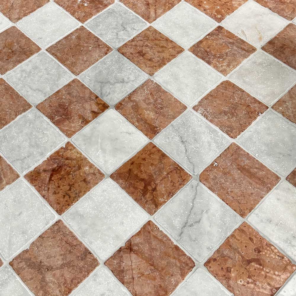Verona Rosso and Carrara tumbled marble checkered floor