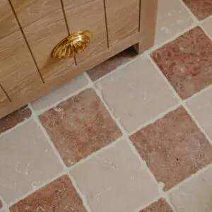 Rosa Perlino and Verona Rosso tumbled marble checkered floor