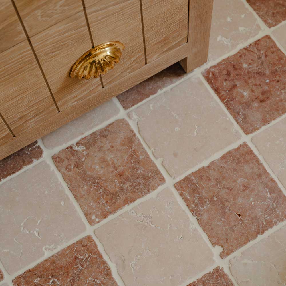 Rosa Perlino and Verona Rosso tumbled marble checkered floor
